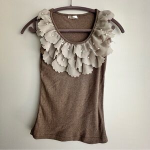 Tiara Elegant Brown Ribbed Tank Top With Ruffle & Beaded Collar